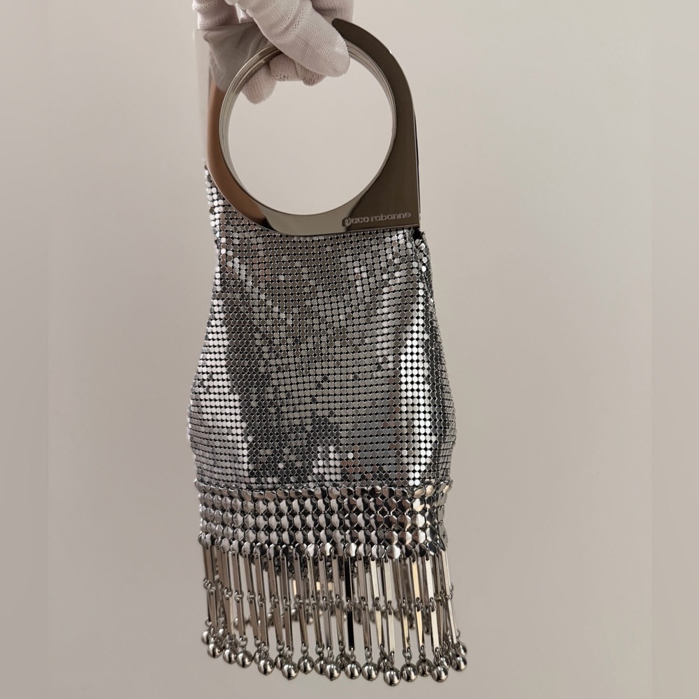 Paco Rabanne Metallic Silver Chainmail Bag with Gold Fringe - Picture 5 of 16